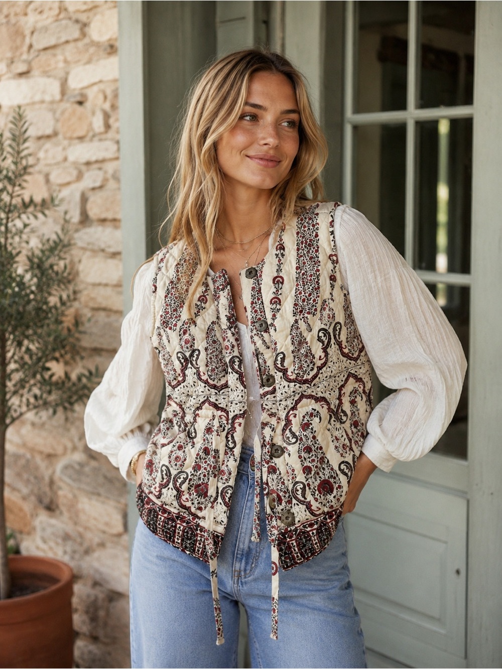 Quilted Block Print Vest Patterned Floral Hand Crafted By Artisans Size Small